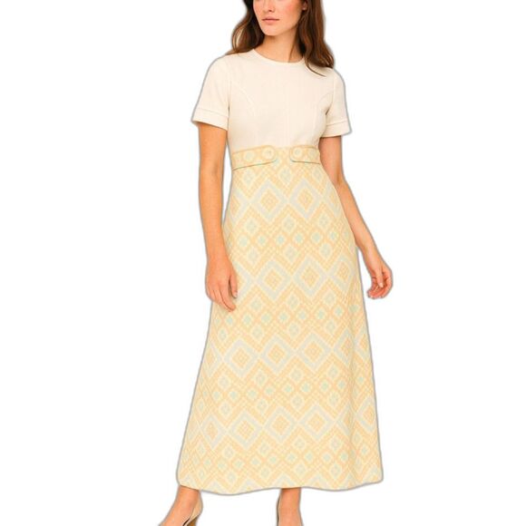 Vintage 60s-70s White Peach Aqua Diamond Print Belted SS Maxi Dress Size XS/S - Picture 1 of 15